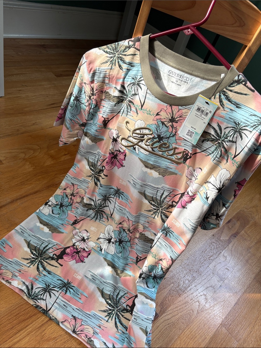 Guess Kids Tropical Floral Palm Short Sleeve Tee in Pink, Blue & Beige